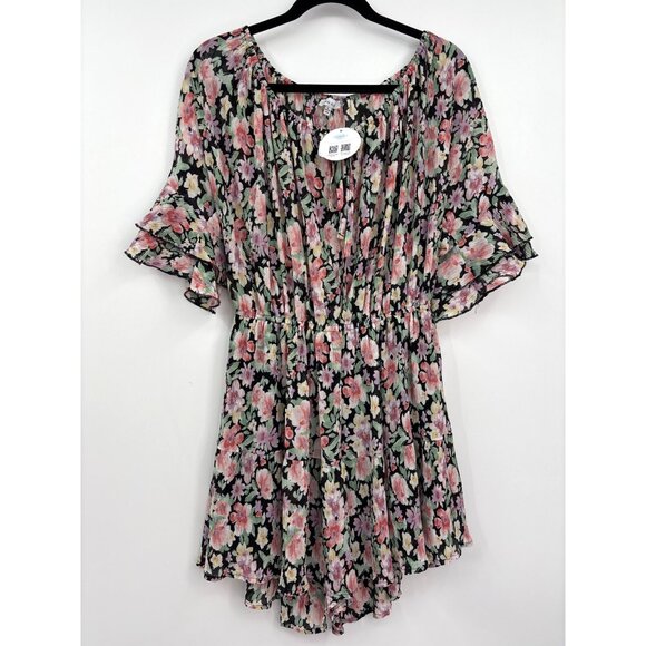 white birch Pants - White Birch Floral Stretch Boho Peasant Romper Black Large NEW